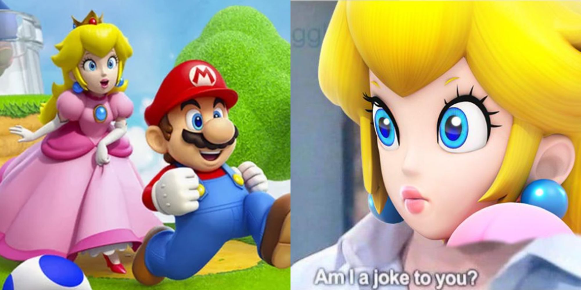 Princess Peach and Mario in promo shots and a meme featuring Peach