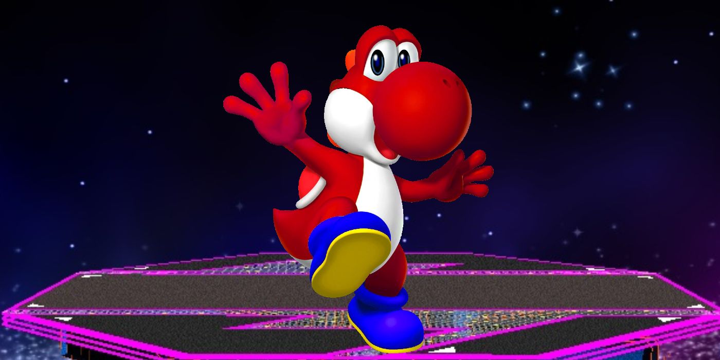 A red Yoshi in front of Super Smash Bros. Melee's Final Destination.