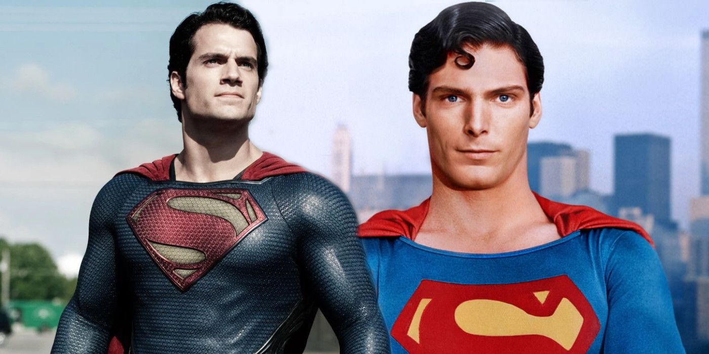 Combined image of Henry Cavill and Christopher Reeve as Superman.