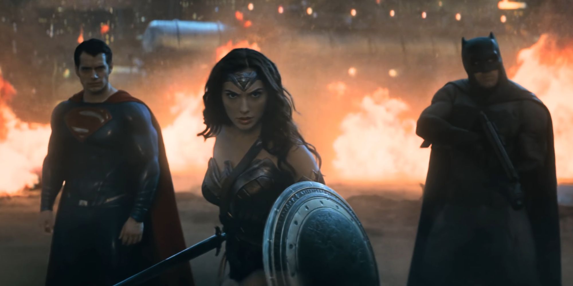 Superman, Wonder Woman, and Batman together as the Trinity in Batman V Superman Dawn Of Justice (2016)