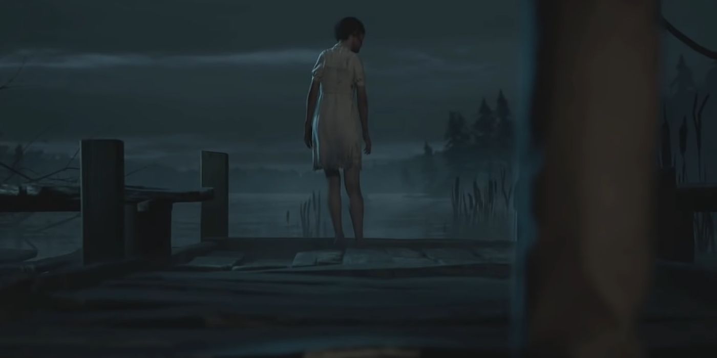 Lily, in a white dress, standing at a pier in a foggy night with someone standing behind her. She appears to be looking behind her to see who is standing behind her.