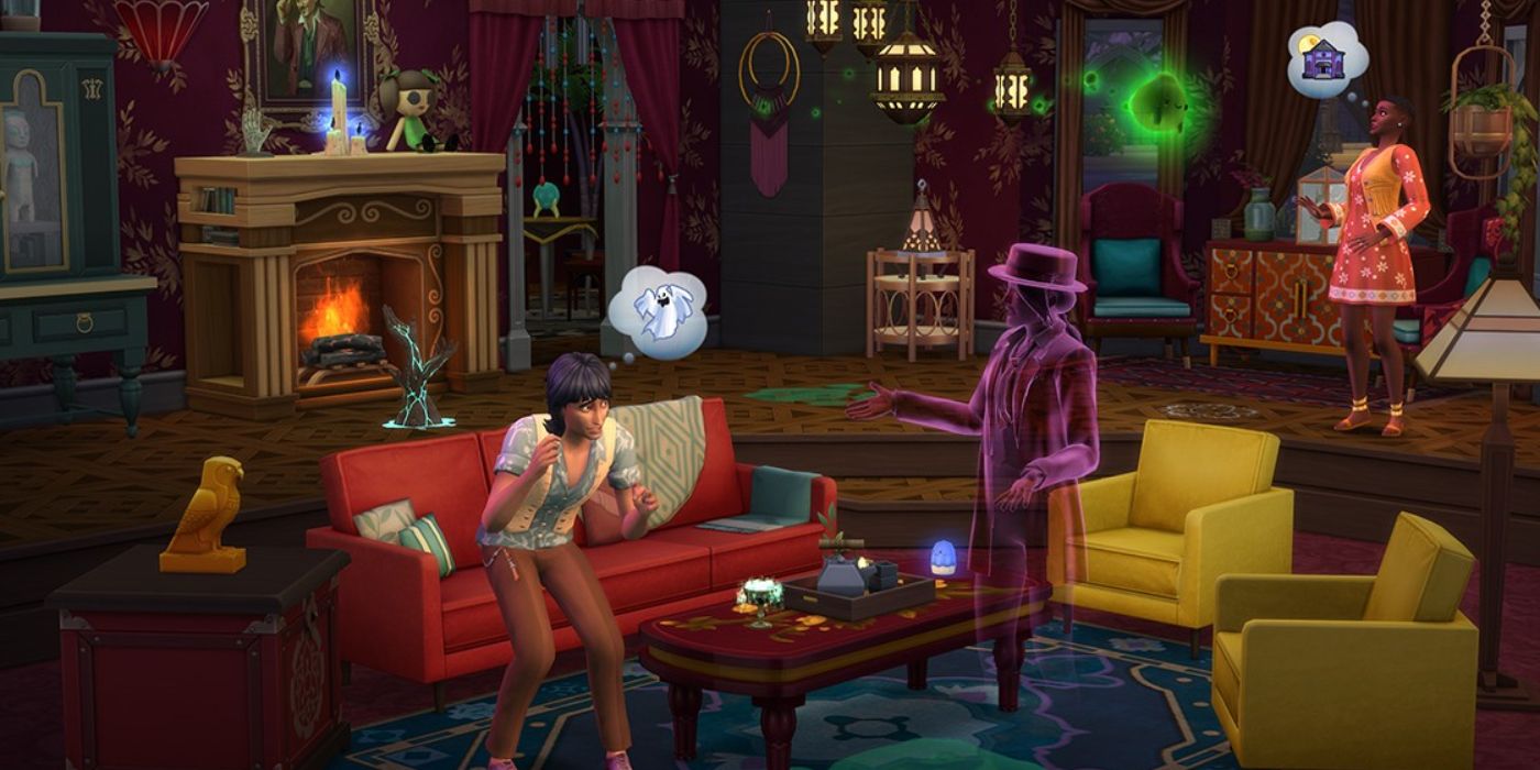 Dois sims assustados dentro de uma casa assombrada, enquanto um fantasma rosa, Guidry, tenta se comunicar com eles.