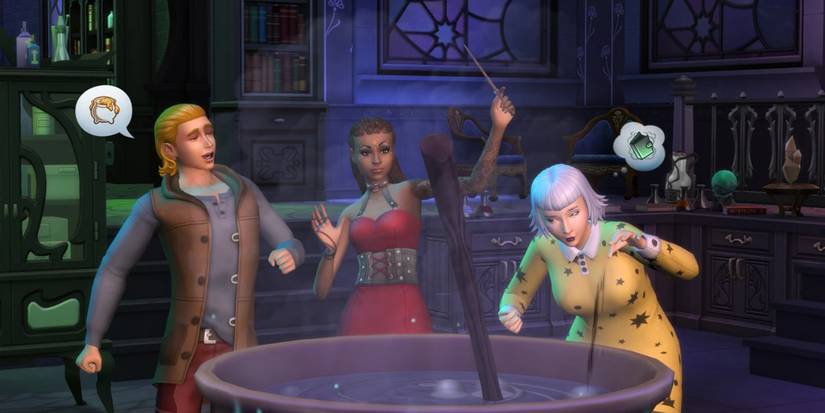 Three sims standing in front of a bubbling cauldron in The Sims 4 Realm of Magic, with their wands pointed, trying to make a potion.