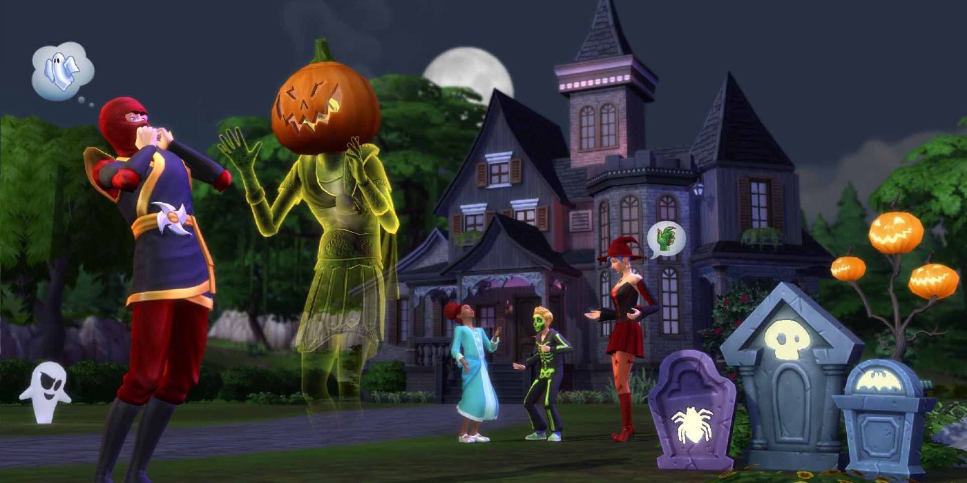 A few sims in costume standing outside a house decorated for Halloween. One sim is a ghost wearing a pumpkin for a head and scaring the sim, dressed as a ninja, that's next to them.