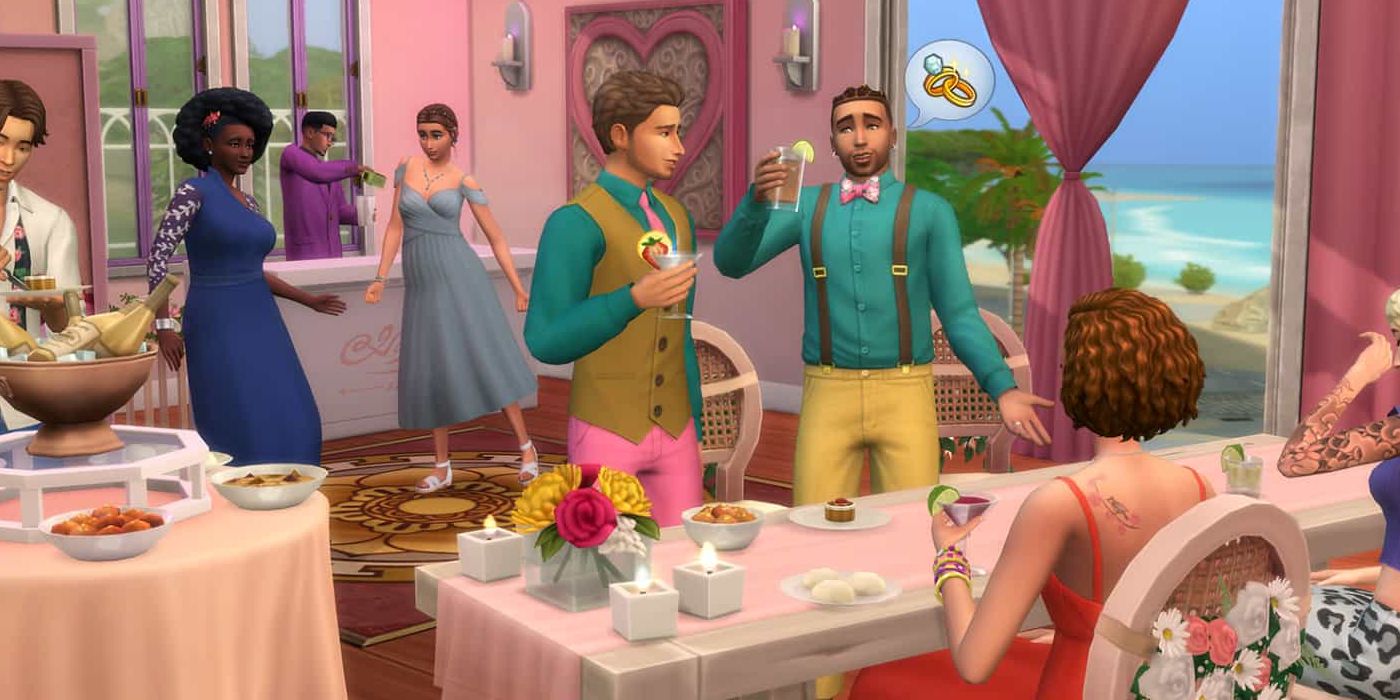 A wedding party occuring in a room, with two sims discussing engagement and others dancing in the background.