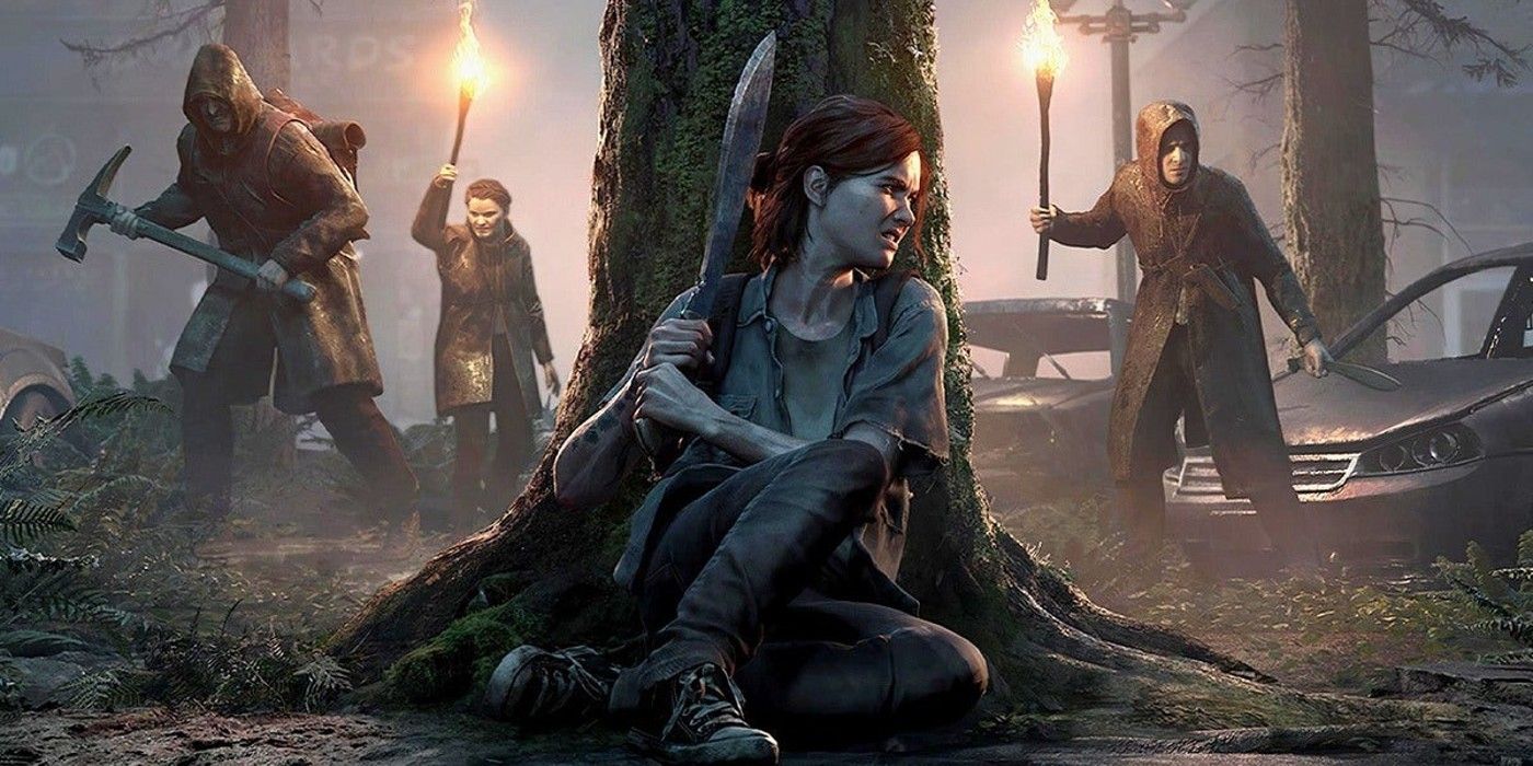 TLOU2's Ellie hiding behind a tree from enemies while holding a knife.