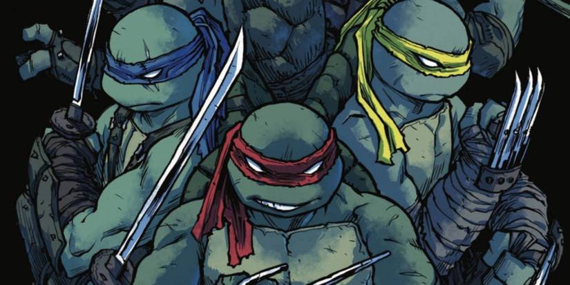 Comic book art: three TMNT brothers prepare to fight with their weapons.
