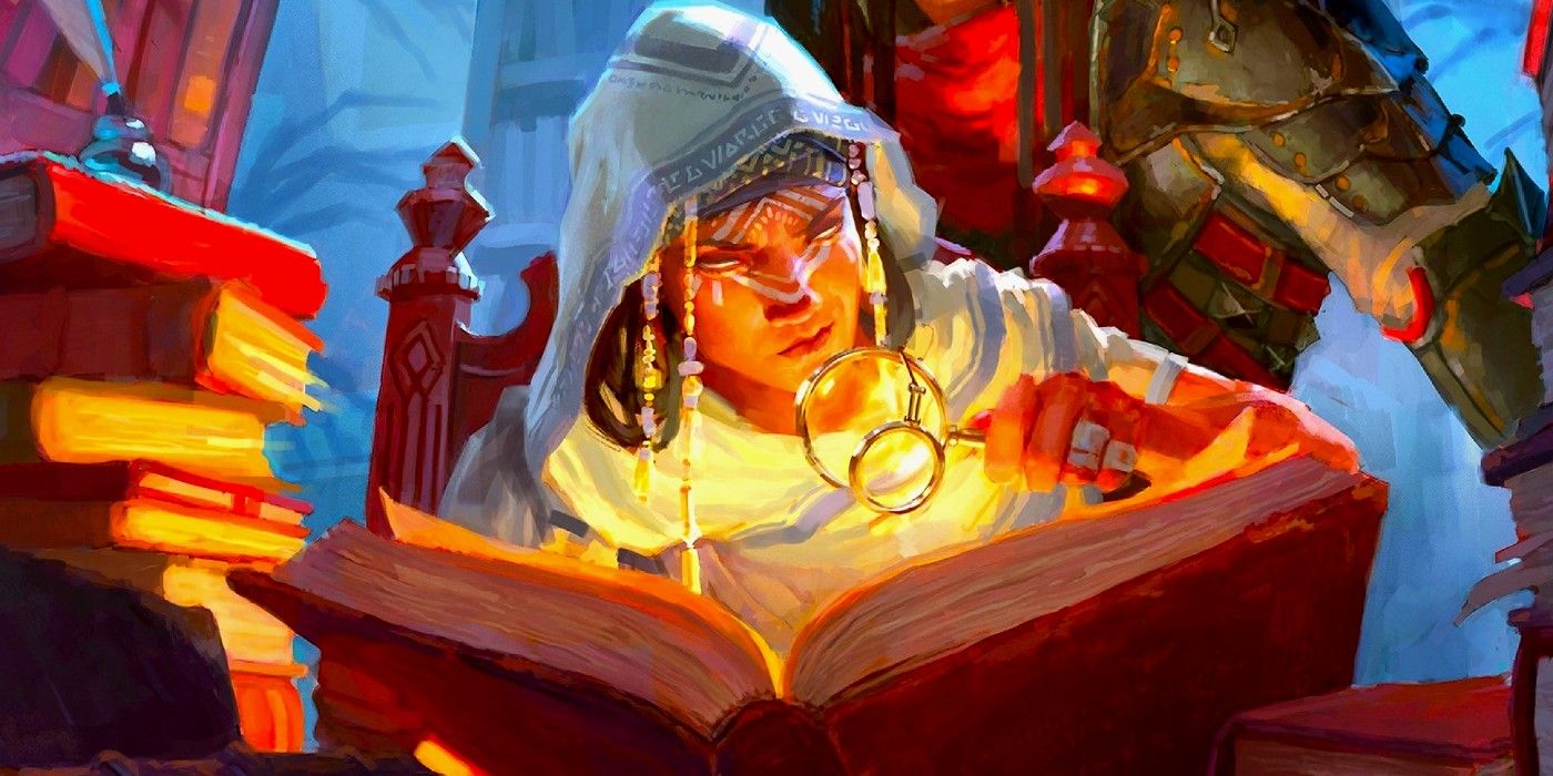 Character peering over a large book with a magnifying glass