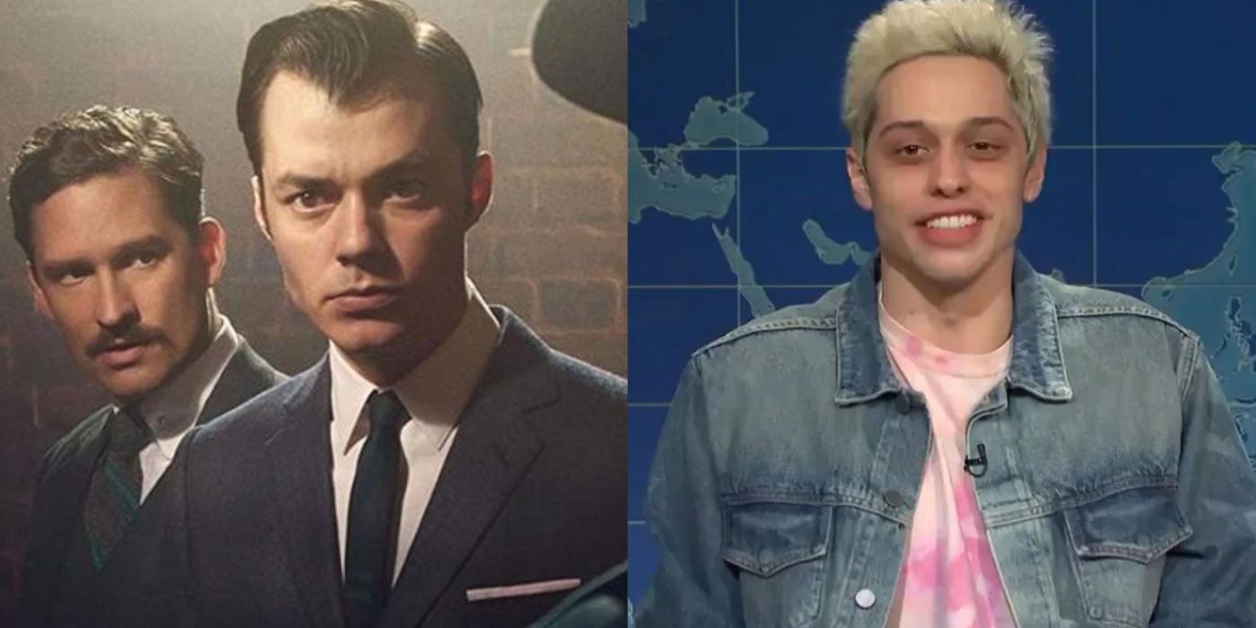 Split image showing scenes from Pennyworth and SNL
