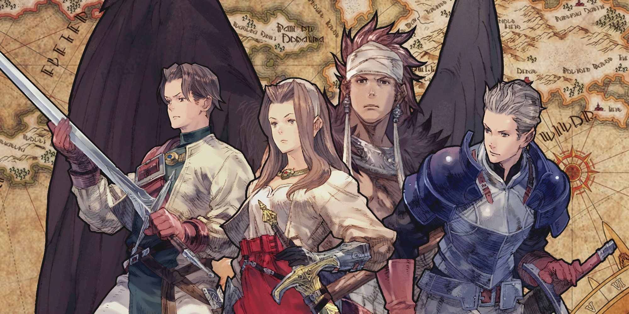 The main characters of Tactics Ogre: Reborn standing in front of a map