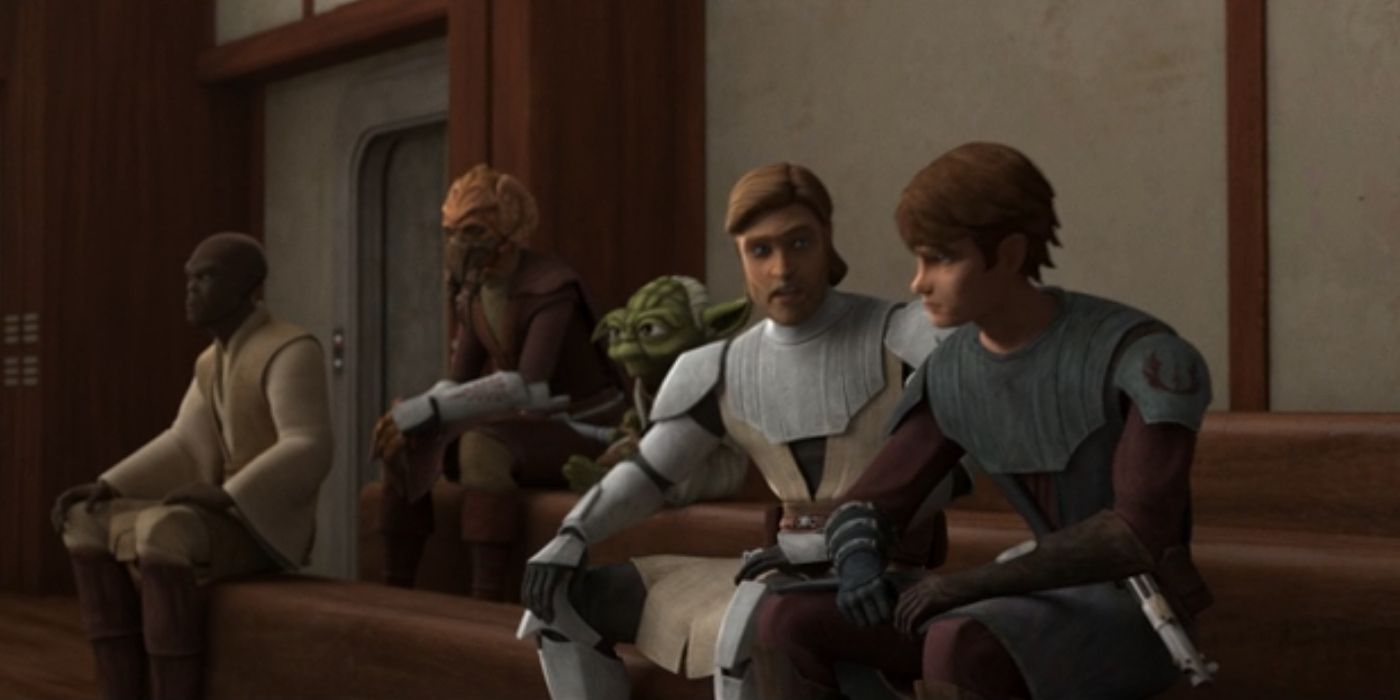 Tales of the Jedi Anakin and Obi-Wan talk (Mace Windu, Plo Koon, and Yoda in the background)