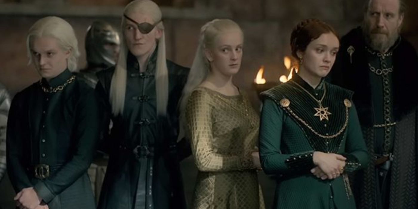 The Greens of House of the Dragon, Aegon, Aemond, Helaena, Alicent, and Otto.