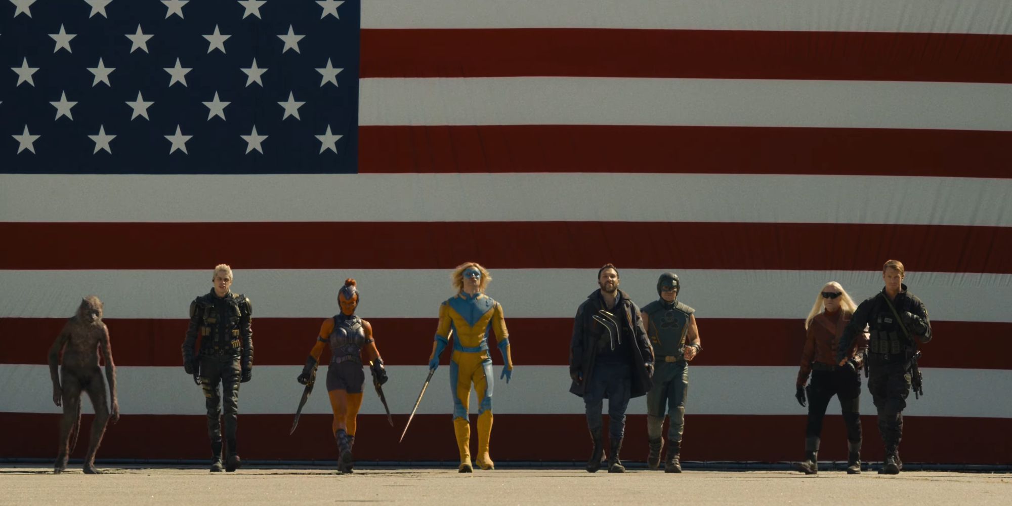 Team 1 of Task Force X marching in line in James Gunn's The Suicide Squad (2021)