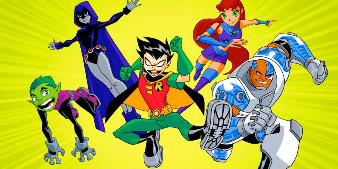Arte promocional de Teen Titans com os membros da equipe titular em poses de ação.