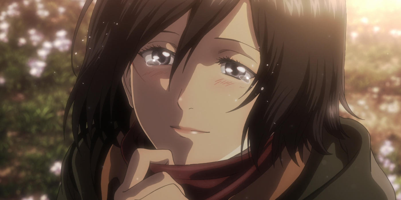 Mikasa Ackerman puxando o cachecol de Eren Ataque ao Titã