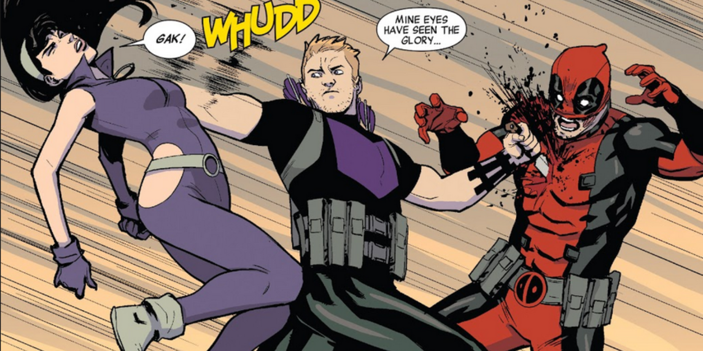 Hawkeye v Deadpool stabbed Deadpool