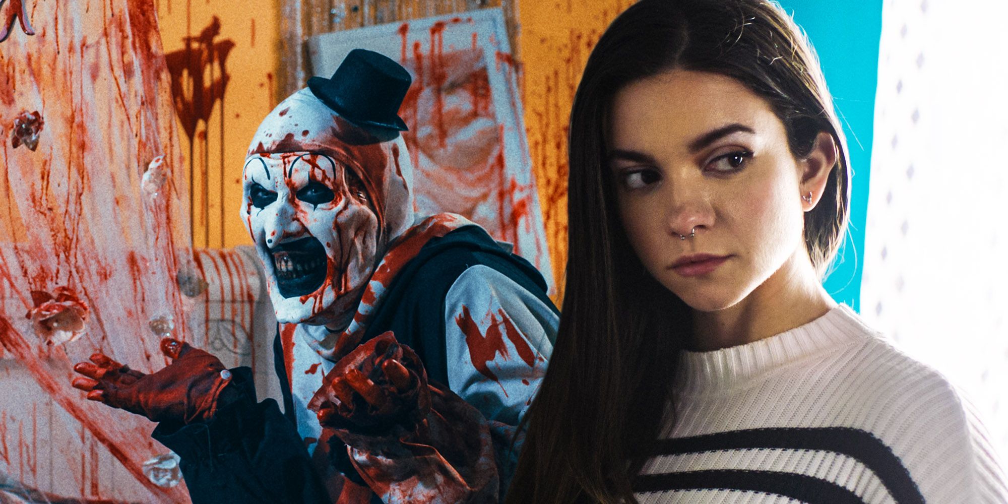 Split image of Allie and Art covered in blood in Terrifier 2