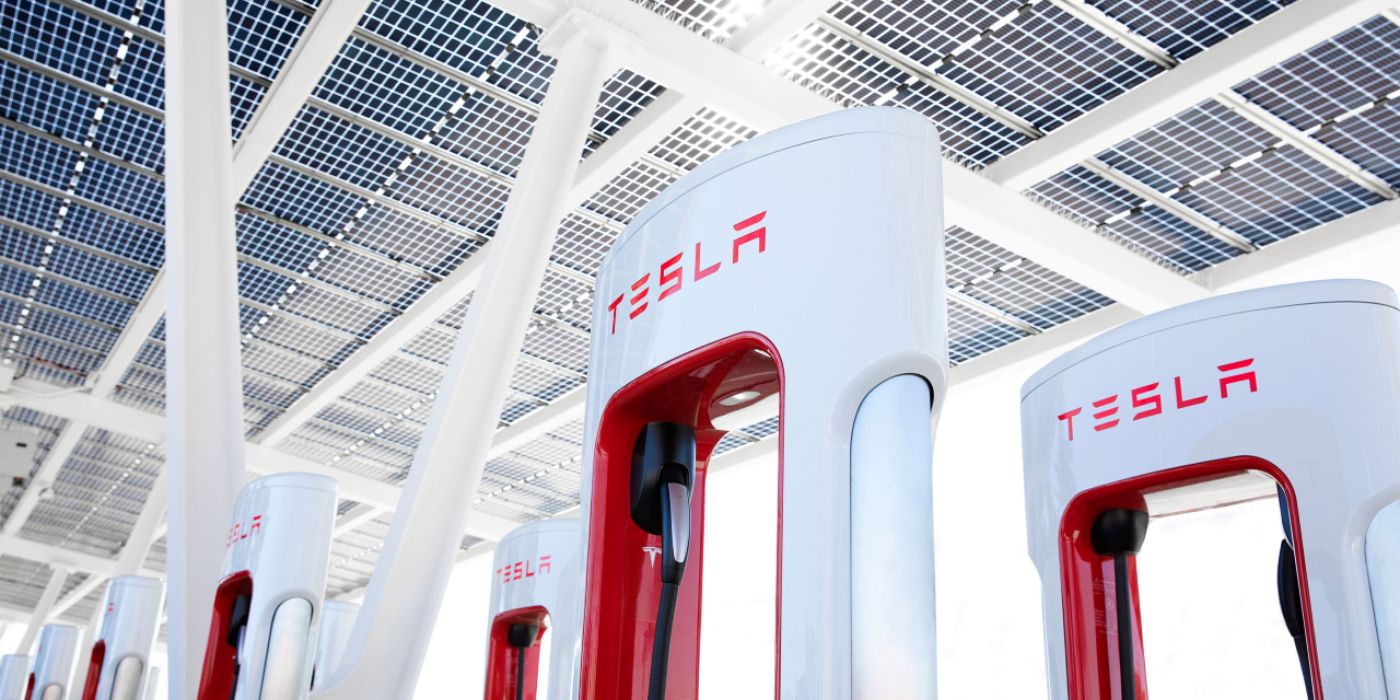 A row of Tesla Superchargers