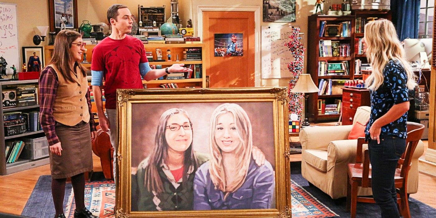 Amy, Sheldon, and Penny standing around the painting