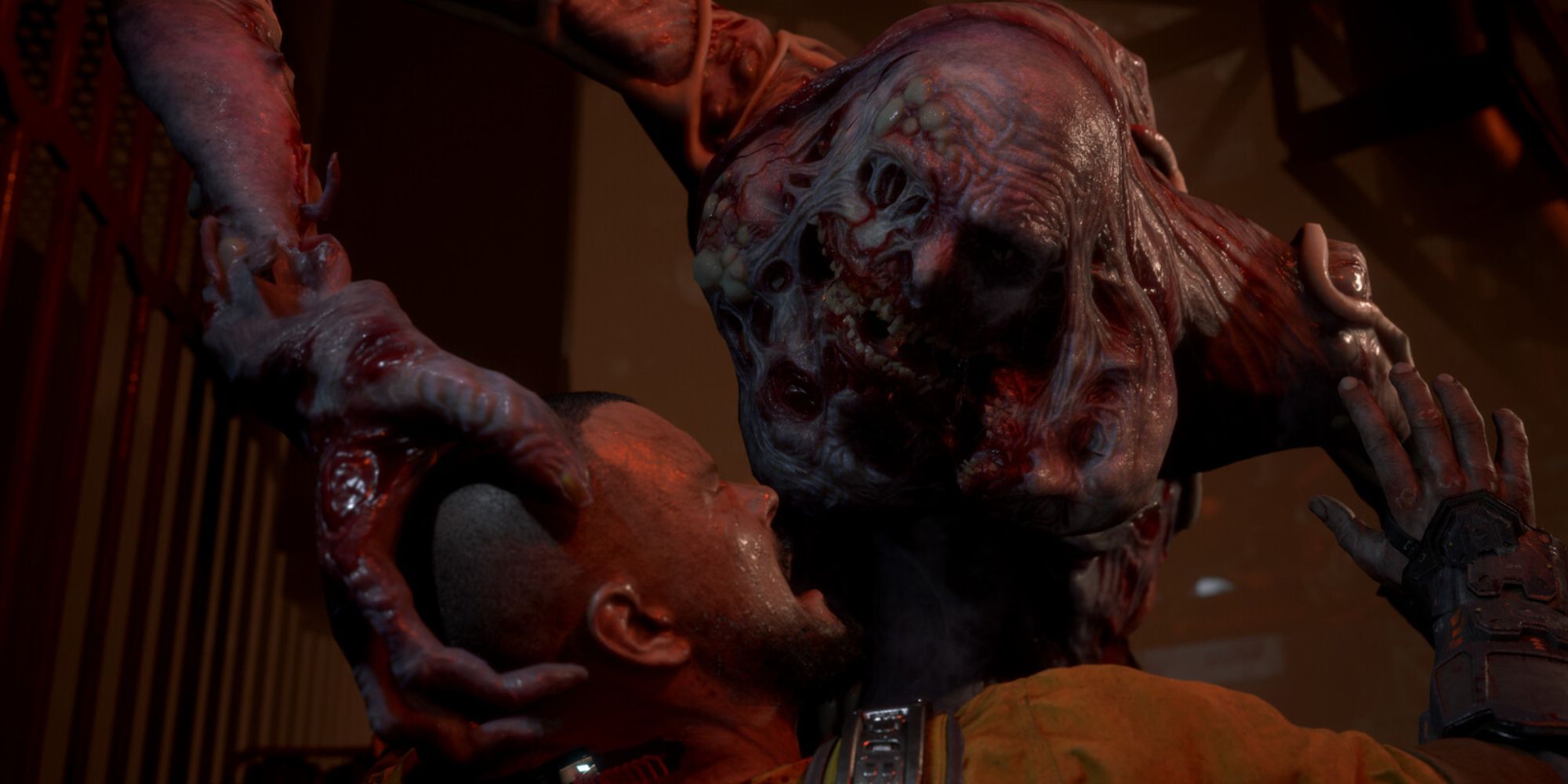 A monster grabbing the protagonist's head in The Callisto Protocol