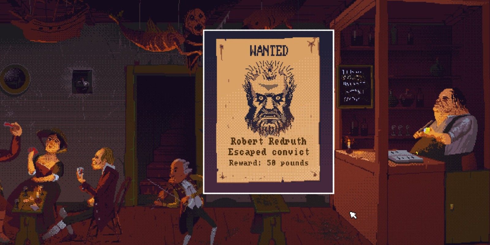 A wanted poster in The Case of the Golden Idol for Robert Redruth, an Escaped Convict. A man is playing violin in the background while two others play cards and a bartender cuts a lemon.