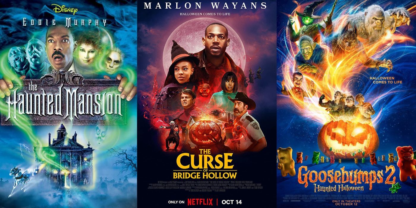 Split image of posters for The Haunted Mansion, The Curse of Bridge Hollow, and Goosebumps 2 movie posters
