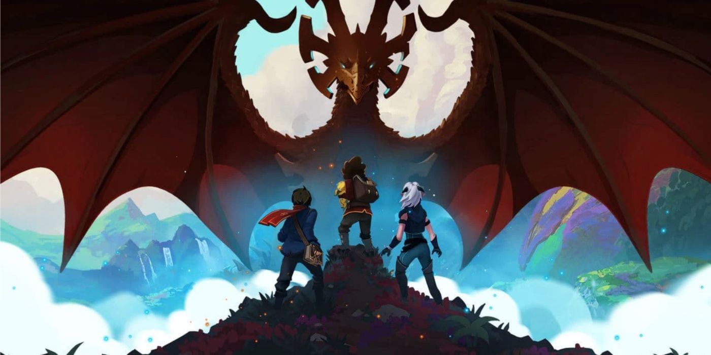 A arte promocional do Príncipe Dragão com o trio principal com vista para o Archdragon Sol Regem.