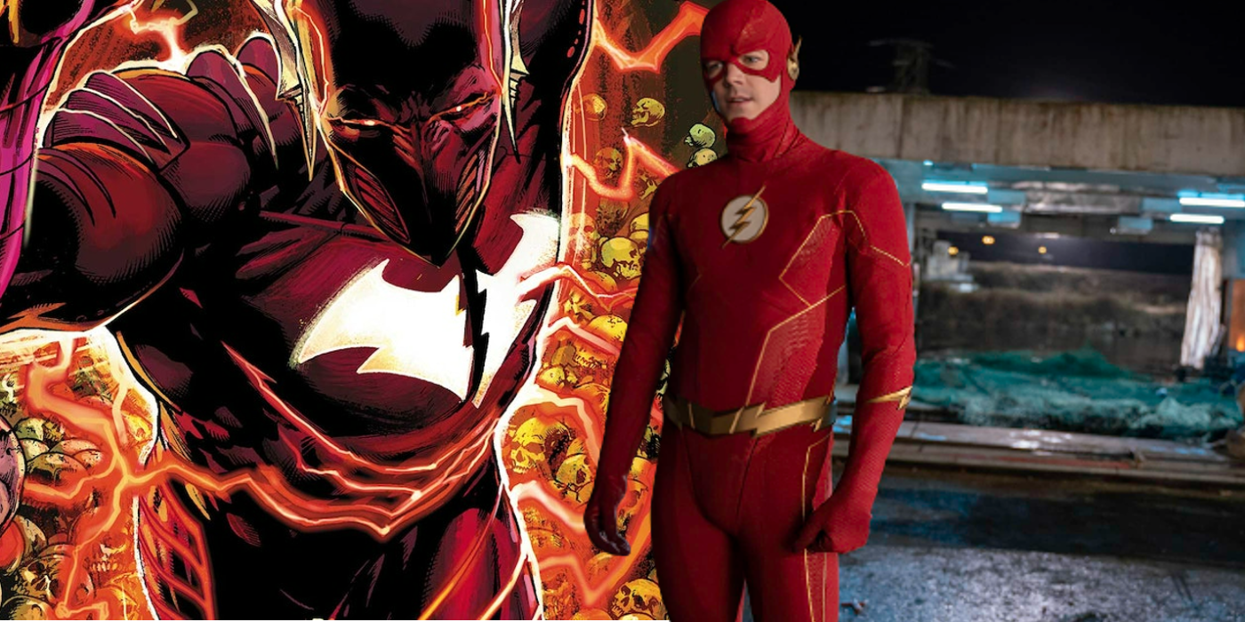 Blended image of a comic Red Death running and Barry looking out in The Flash