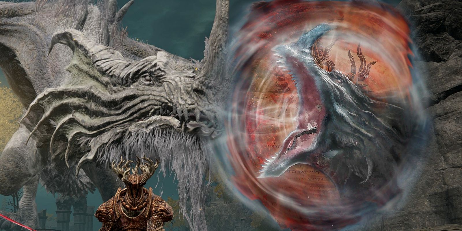 O Dragão Branco Gigante Greyoll em Elden Ring, com o ícone de Greyoll's Roar ao lado dele