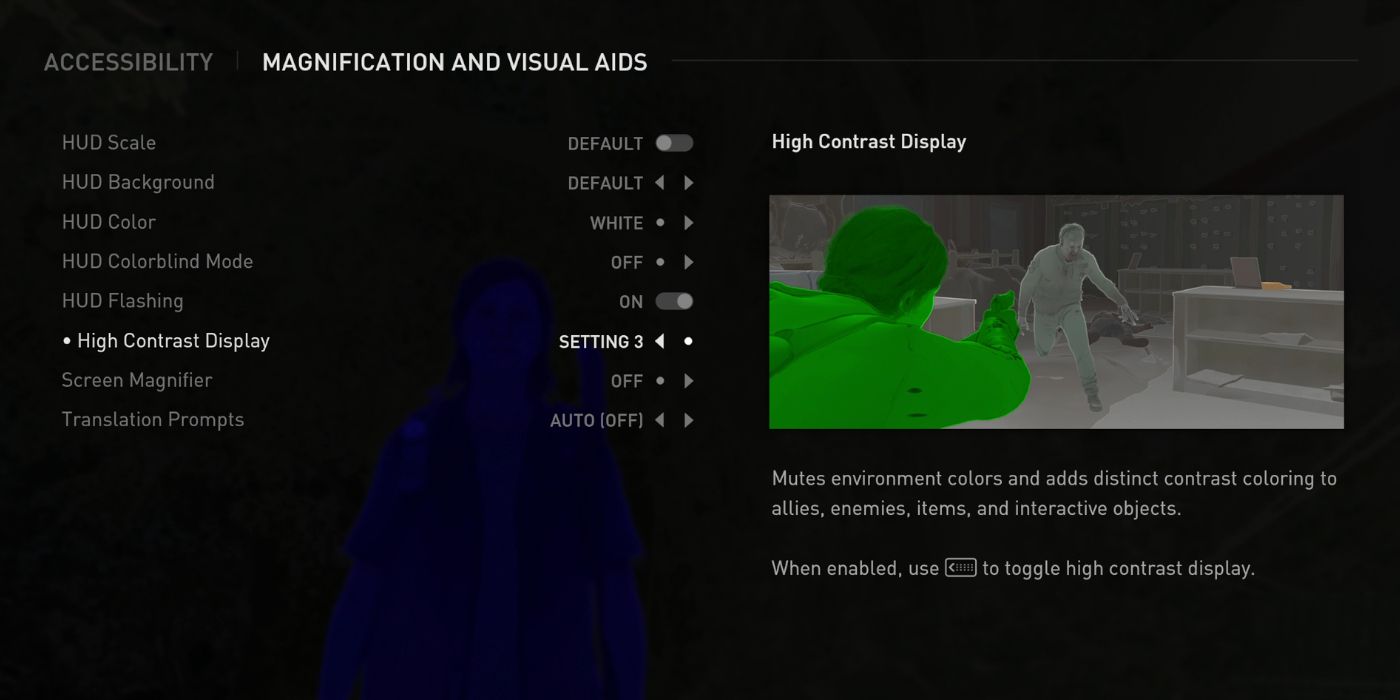 The Last of Us Part II's accessibility menu offering many aids to visual impairment