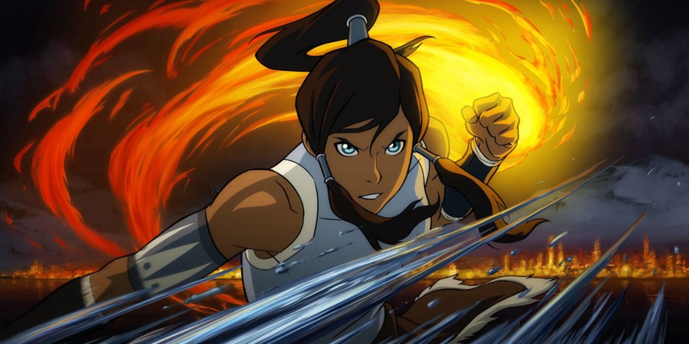 Arte promocional de The Legend of Korra apresentando o protagonista titular dobrando fogo e água.