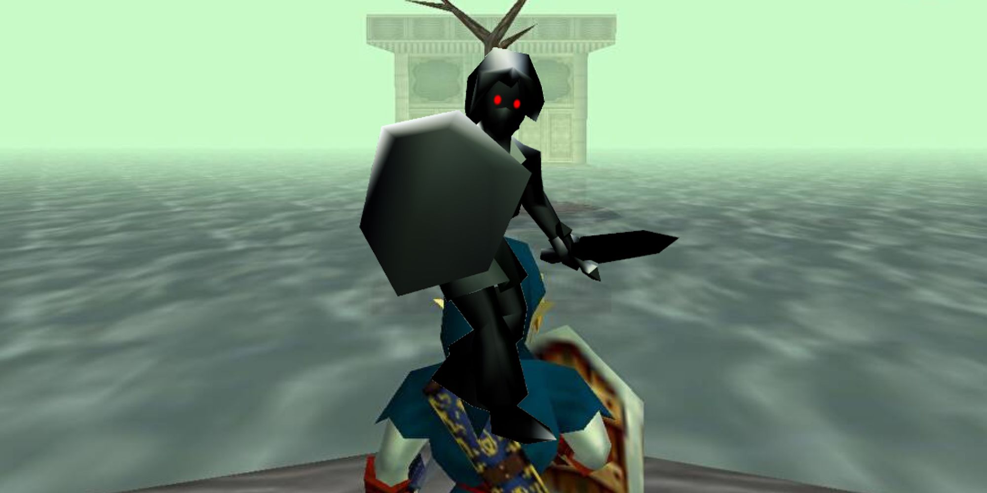 Link stands at the Water Temple in Ocarina of Time with Dark Link superimposed over the top of him.