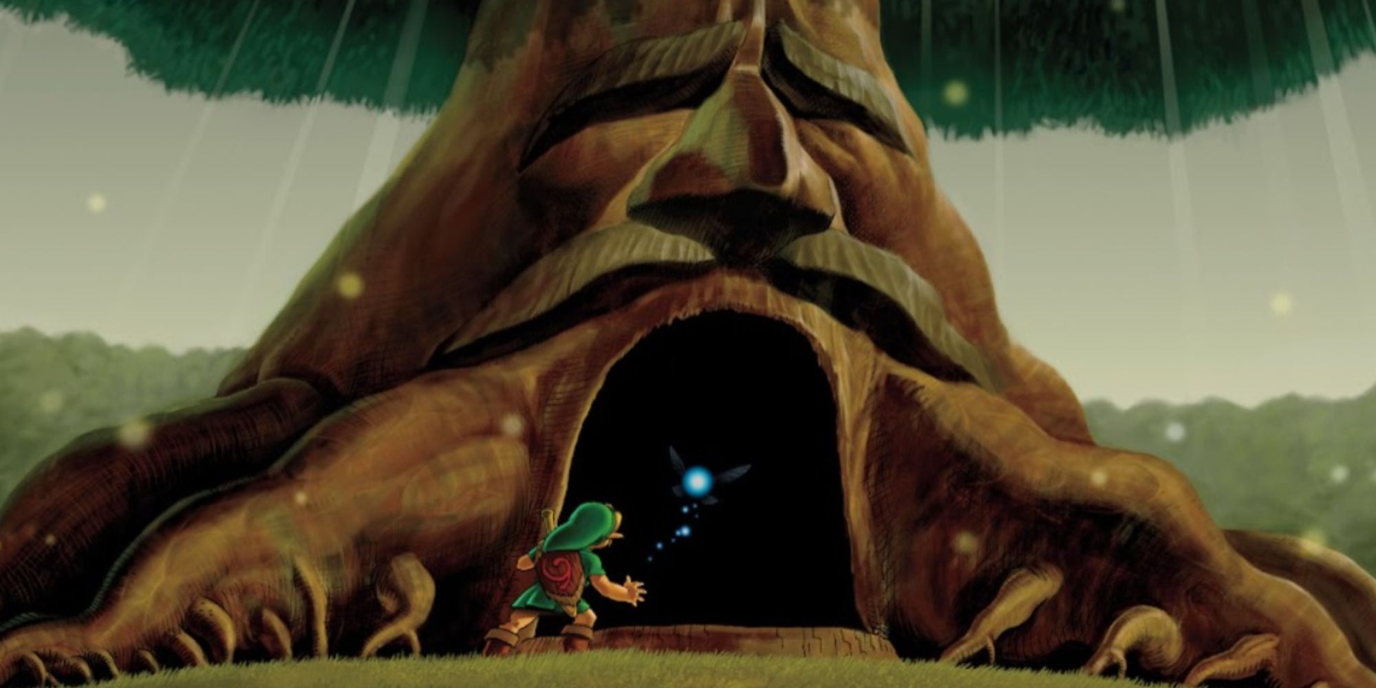 The Legend of Zelda Ocarina of Time Tree promo art of Link entering the Deku Tree dungeon.