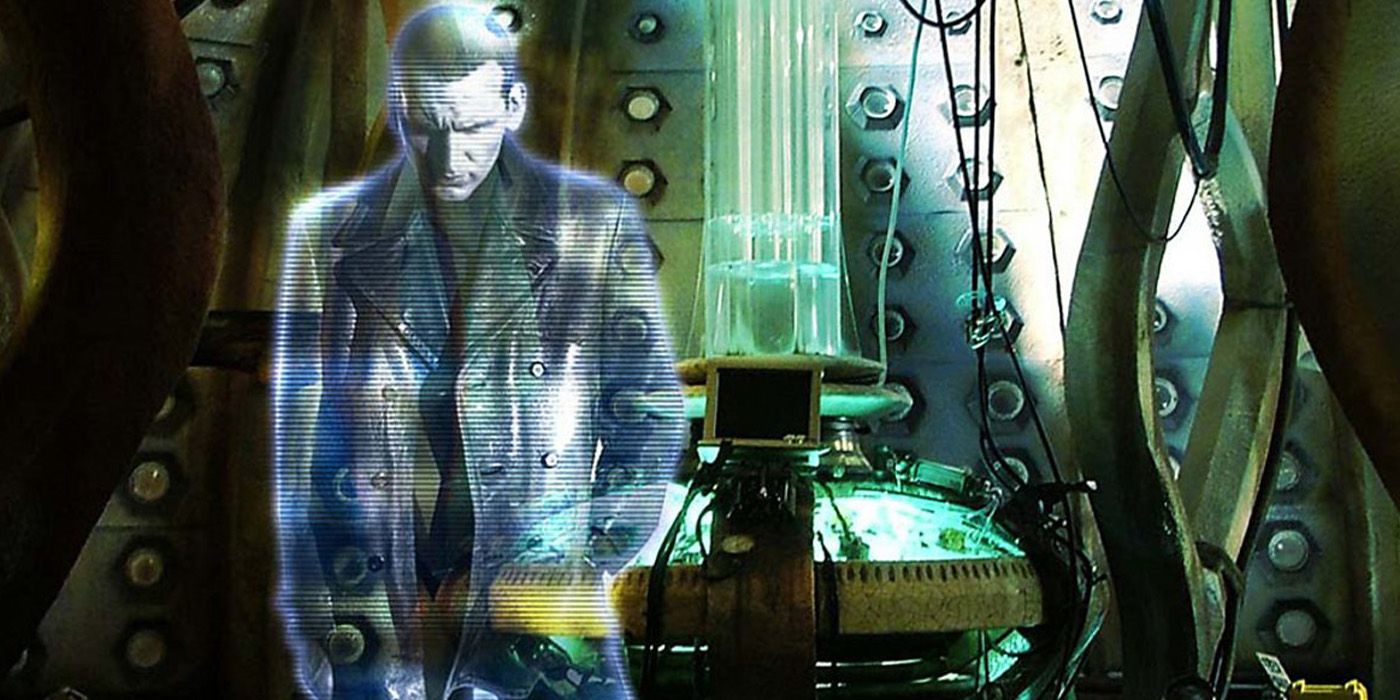 A hologram of the Ninth Doctor standing in the TARDIS