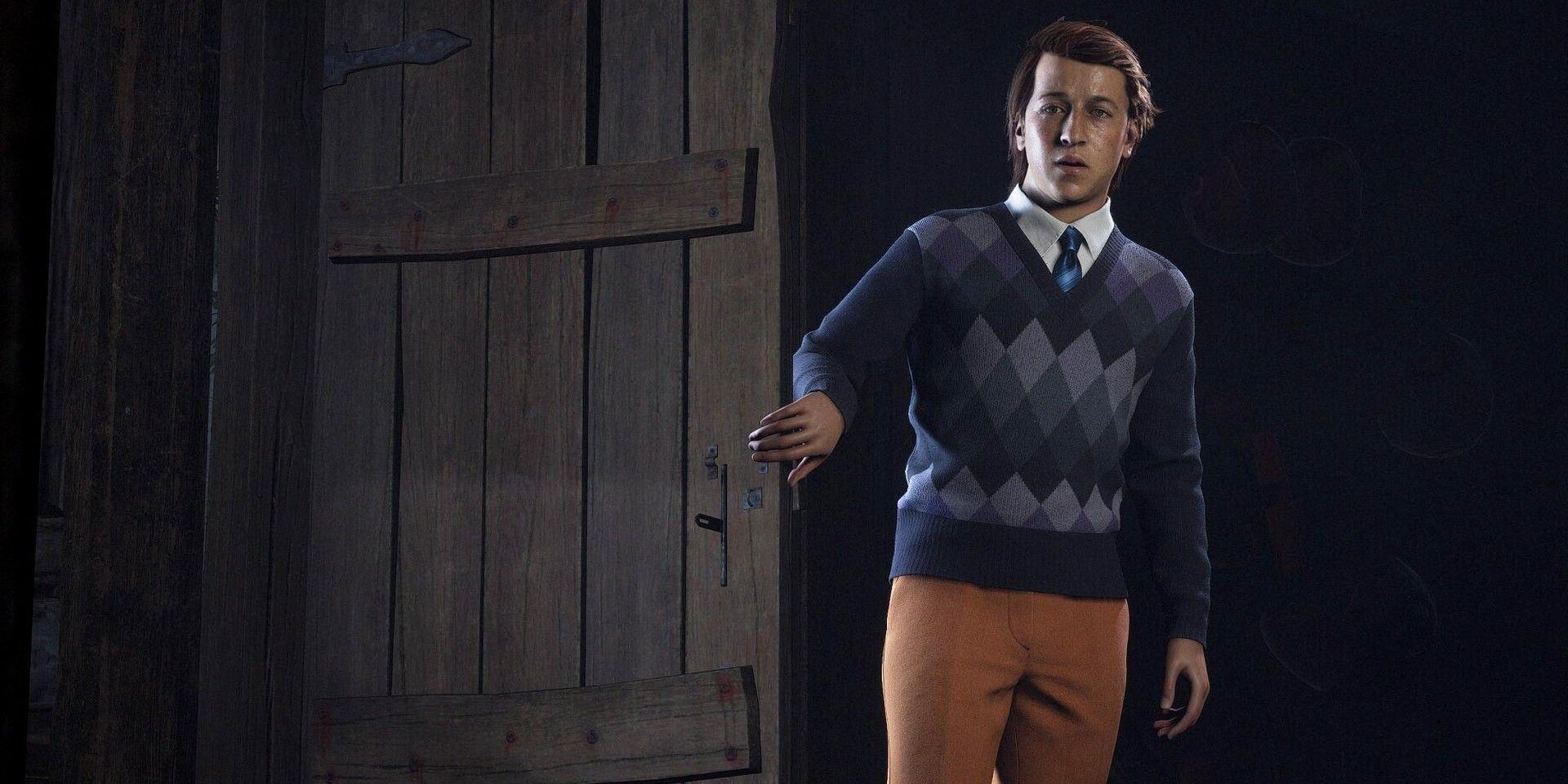 The Quarry's Max in a 50s blue sweater opening a door.