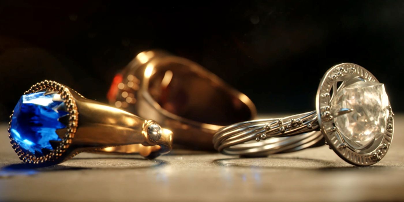 The three Elven rings sit on a pedestal in Rings of Power