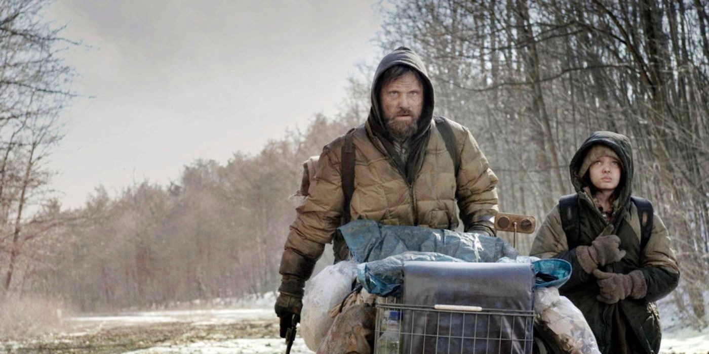 Viggo Mortensen and son travel with a shopping cart in The Road