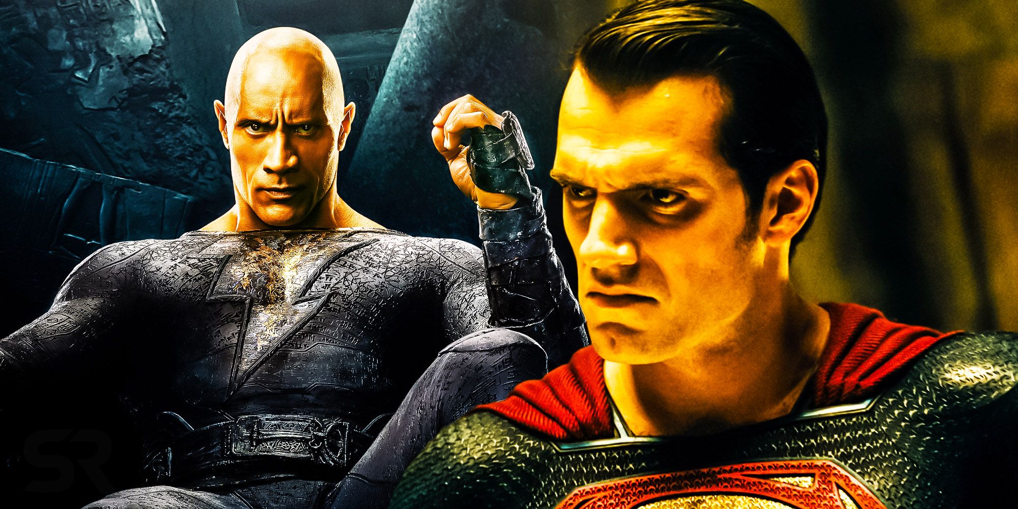 Adão Negro sentado em seu trono à esquerda com o super-homem de Henry Cavill à direita