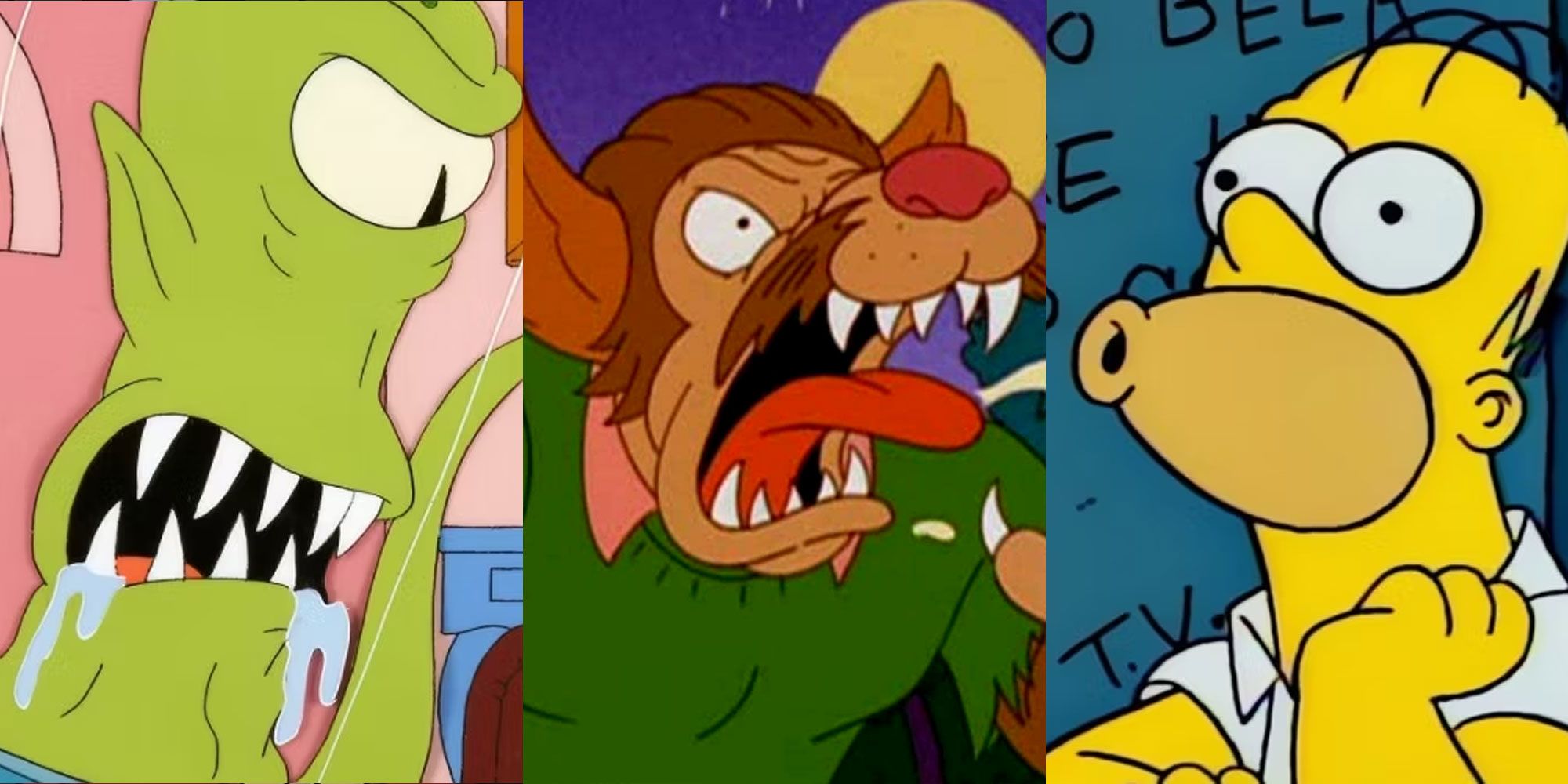 Split image of characters from The Simpsons' Treehouse of Horror episodes