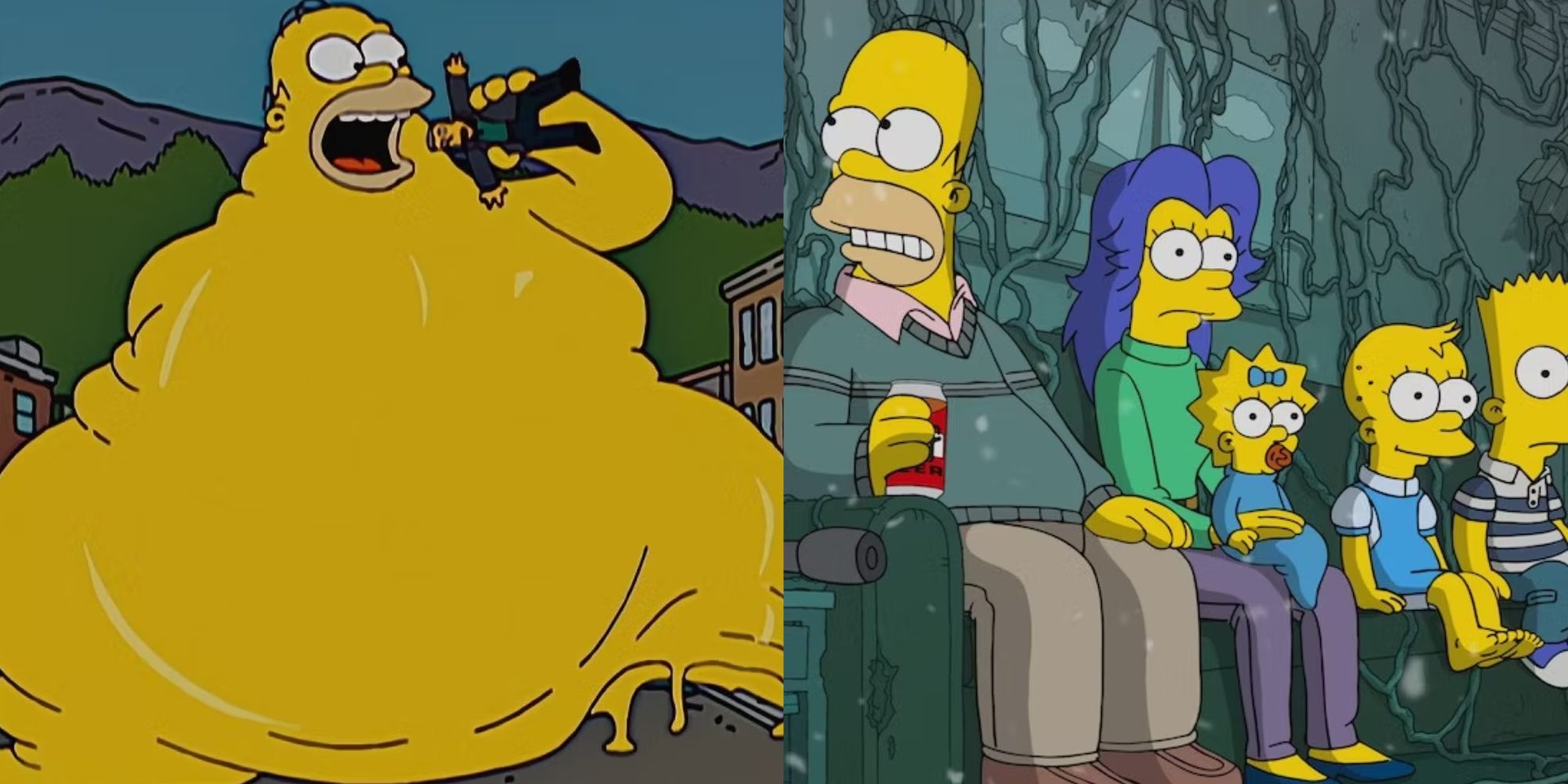 Split image of a giant Homer and a Stranger Things parody in The Simpsons Treehouse Of Horror
