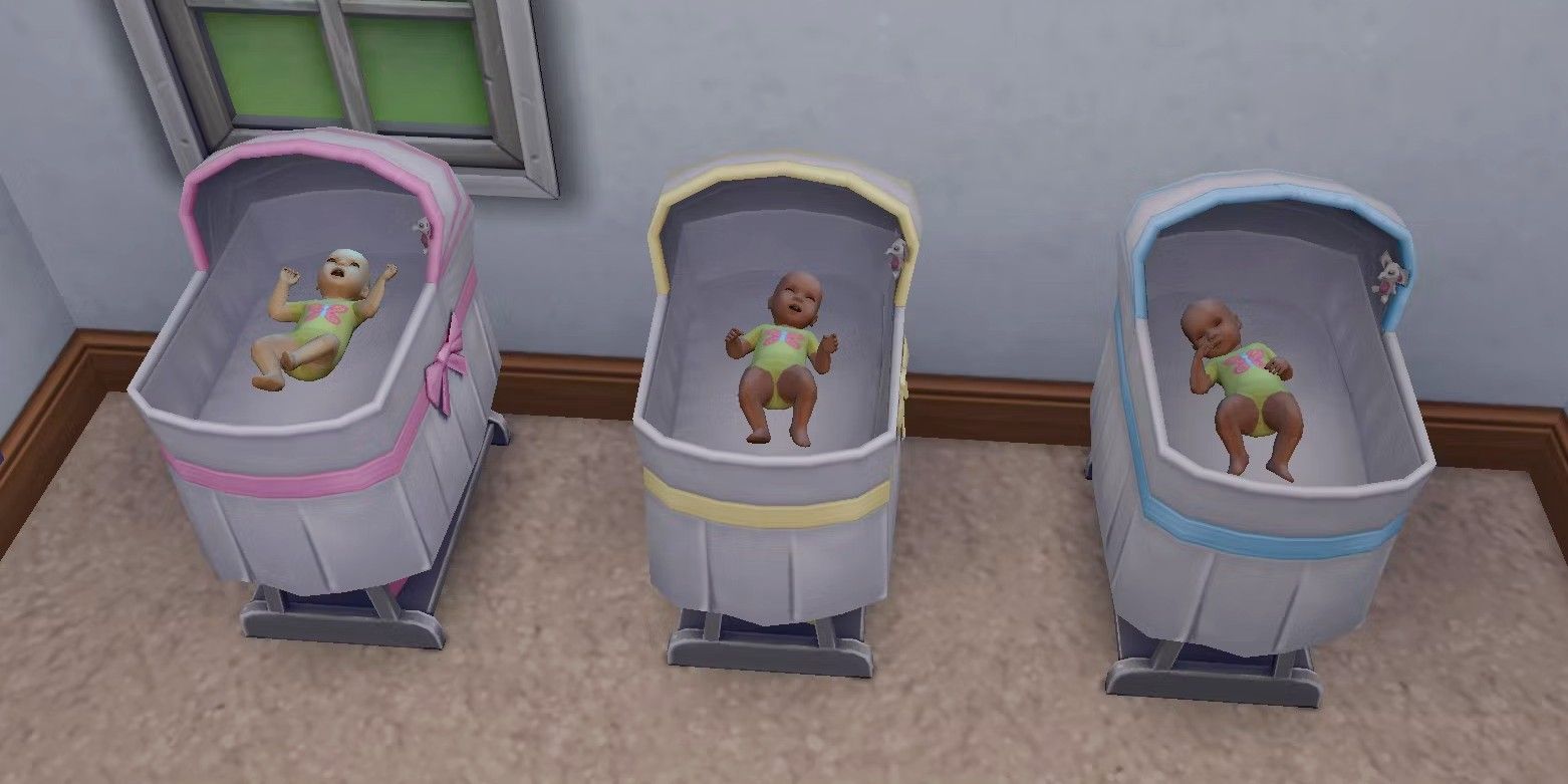 The Sims 4 3 babies, each in their own bassinet.