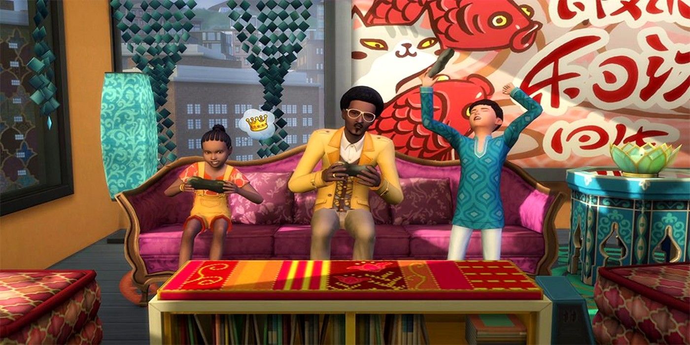 A Sims family playing a multiplayer video game as the brother expresses defeat.