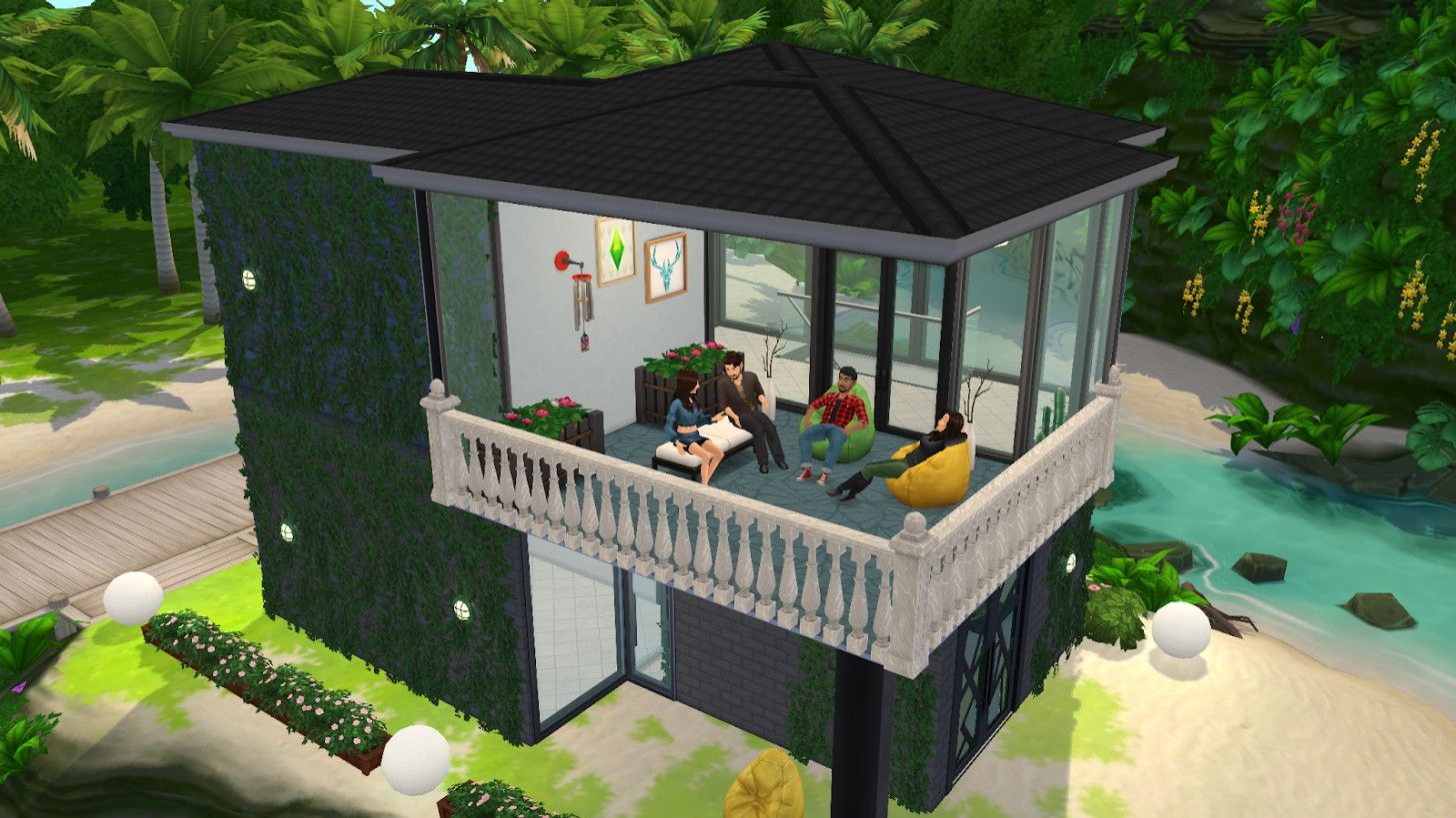 A balcony with people on it in The Sims Mobile.