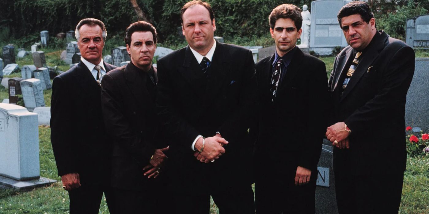 The Sopranos promo featuring members of Tony's mafia at a graveyard.