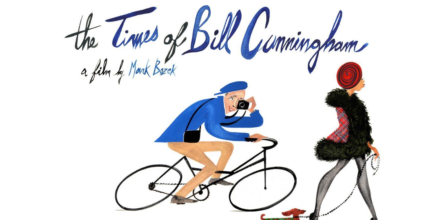 Um homem em uma bicicleta segue uma mulher com um cachorro no pôster do The Times Of Bill Cunningham.