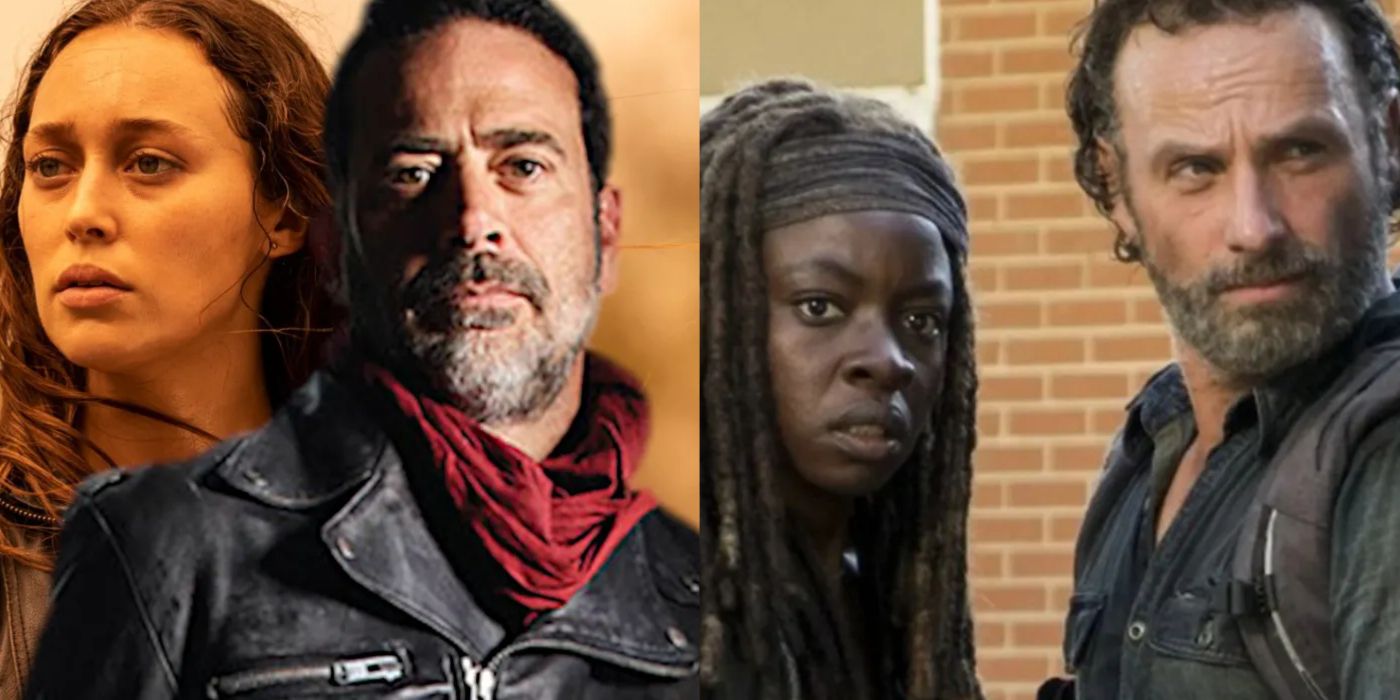 Split image of Alicia from Fear The Walking Dead beside Negan from The Walking Dead and Michonne and Rick from The Walking Dead. 