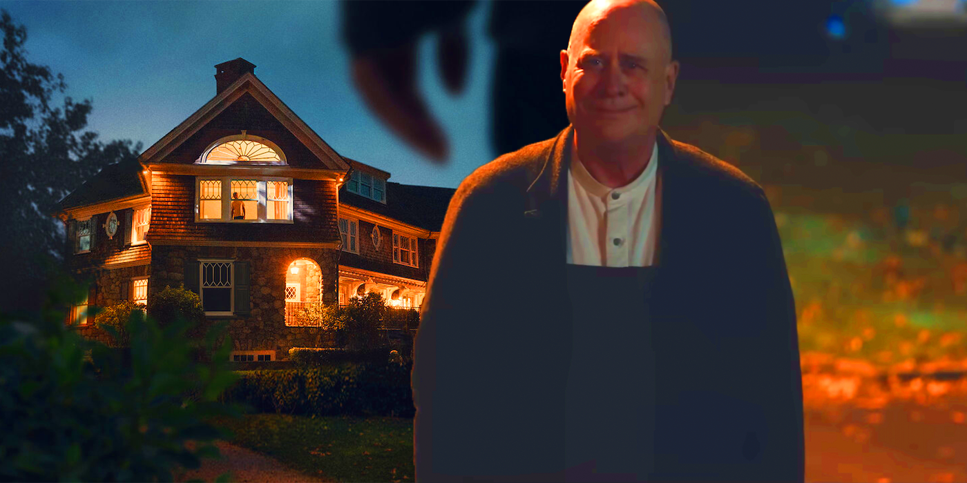 A man in black stands under a street light staring at a house
