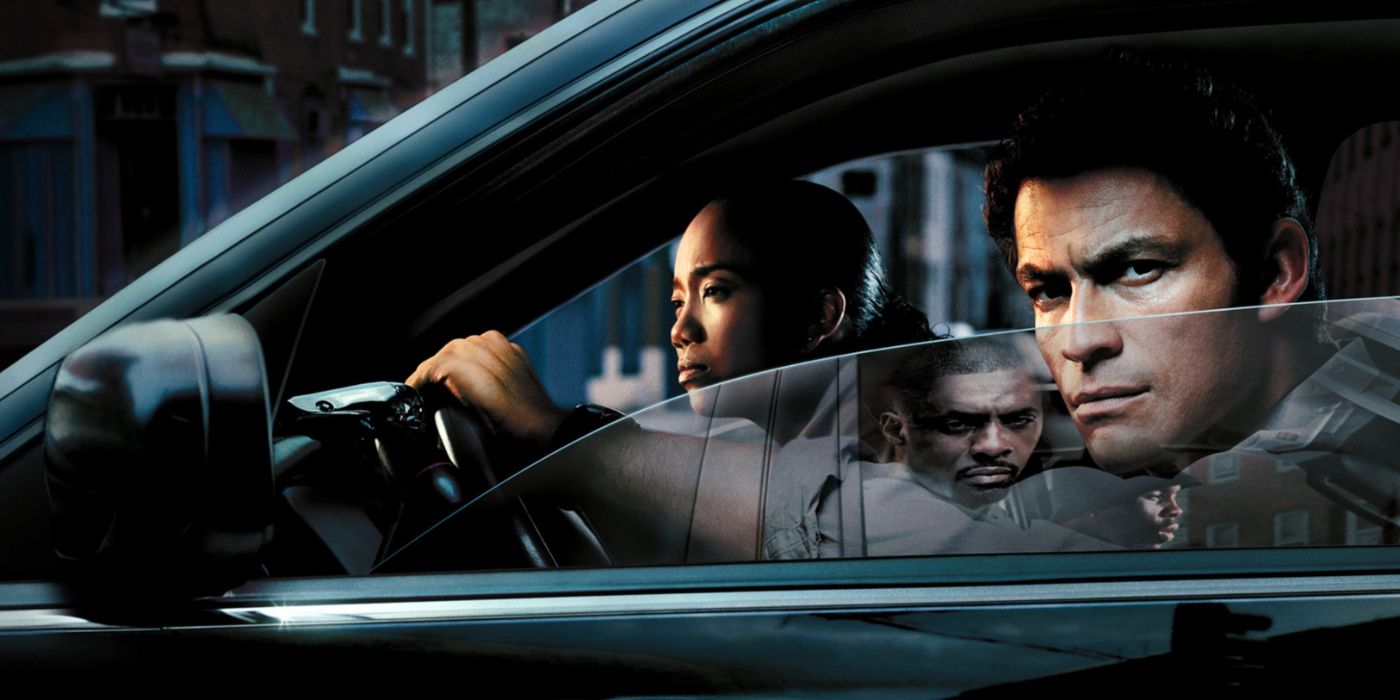 The Wire promo poster featuring officers Jimmy McNulty and Kima Greggs looking out of their patrol car.