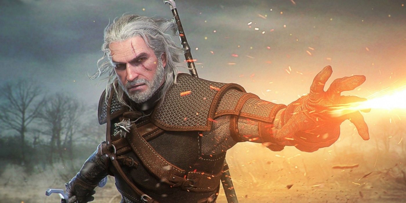 Geralt de Rivia de The Witcher 3: Wild Hunt lançando magia com uma mão.