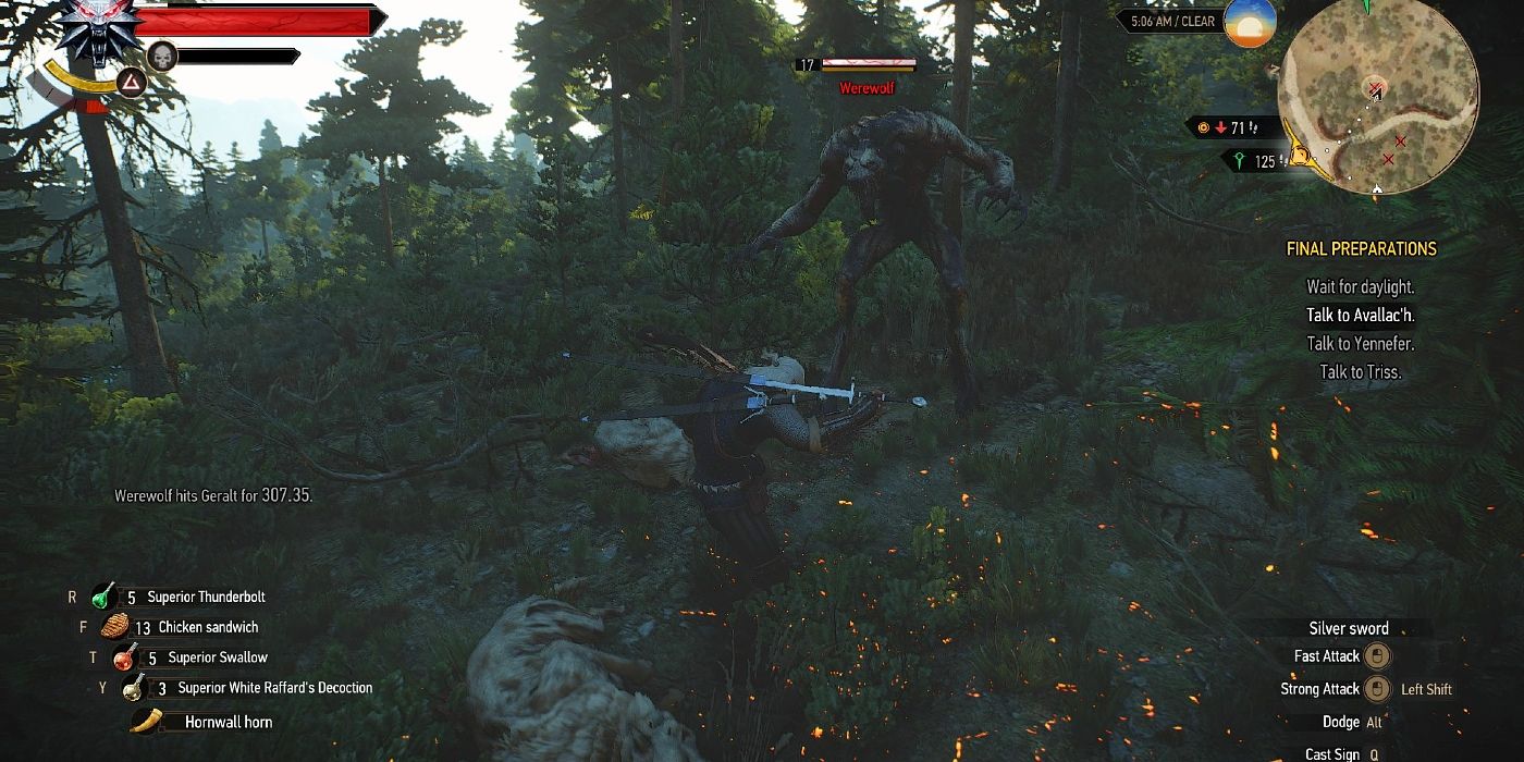 Imagem de Geralt enfrentando um lobisomem alto na floresta em The Witcher 3: Wild Hunt.